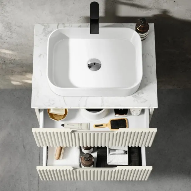 Crete Fluted Linen White Wall Hung Drawer Vanity with Marble Top & Marin Basin 600mm