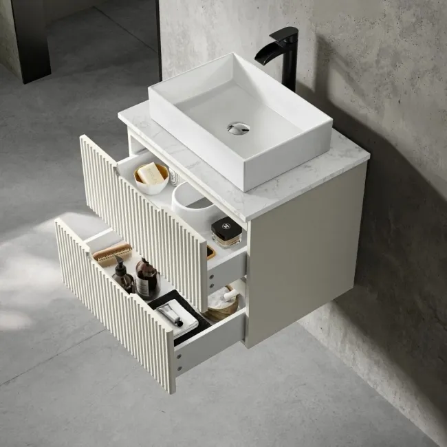 Crete Fluted Linen White Wall Hung Drawer Vanity with Marble Top & Cody Basin 600mm