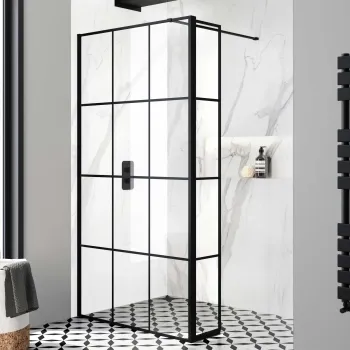 Munich Matt Black Grid 8mm Wet Room Shower Glass 1000mm & 250mm Pivotal Return Panel