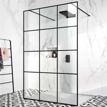 Munich Matt Black Grid 8mm Walk Through Wet Room Shower Glass Panel 1400mm