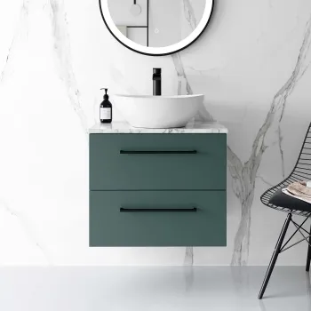 Elba Midnight Green Wall Hung Drawer Vanity with Marble Top & Oval Counter Top Basin 600mm - Black Accents