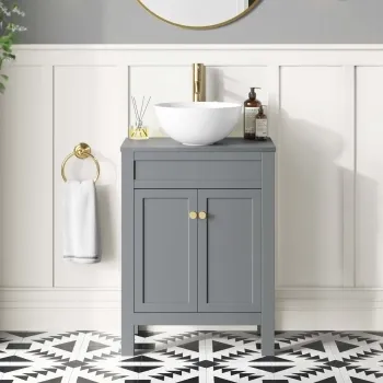 Bermuda Dove Grey Vanity with Round Counter Top Basin 600mm - Brushed Brass Accents