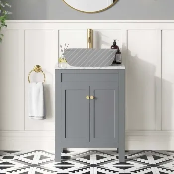 Bermuda Dove Grey Cabinet with Marble Top 600mm Excludes Counter Top Basin - Brushed Brass Accents