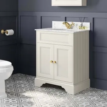 Lucia Chalk White Vanity with Marble Top & Undermount Basin 630mm - Brushed Brass Accents