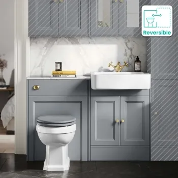 Monaco Dove Grey Combination Vanity Basin with Marble Top & Hudson Toilet with Wooden Seat 1200mm - Brushed Brass Accents
