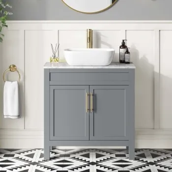 Bermuda Dove Grey Vanity with Marble Top & Curved Counter Top Basin 800mm - Brass Knurled Handles