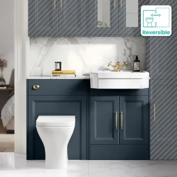Monaco Inky Blue Combination Vanity Traditional Basin with Marble Top & Atlanta Toilet 1200mm - Brass Knurled Handles