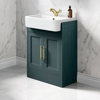 Monaco Midnight Green Basin Vanity 600mm - Brass Knurled Handles