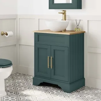 Lucia Midnight Green Vanity with Oak Effect Top & Round Counter Top Basin 640mm - Brass Knurled Handles