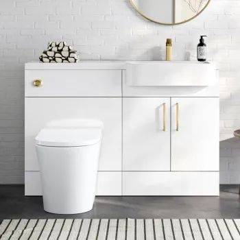 Harper Gloss White Combination Vanity Basin and Tucson Toilet 1200mm - Brushed Brass Accents - Right Handed
