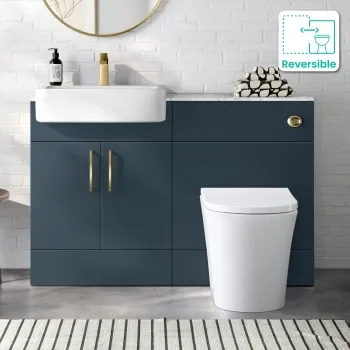 Harper Navy Blue Combination Vanity Basin with Marble Top & Tucson Toilet 1200mm - Brushed Brass Accents