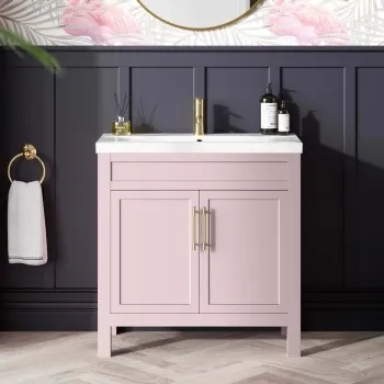 Bermuda Cashmere Pink Basin Vanity 800mm - Brass Knurled Handles