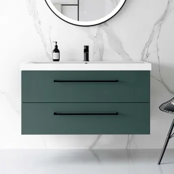 Elba Midnight Green Wall Hung Basin Drawer Vanity 1000mm - Black Accents