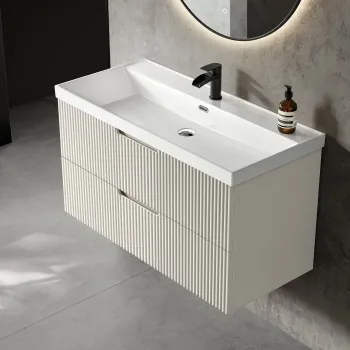 Crete Fluted Linen White Wall Hung Basin Drawer Vanity 1000mm