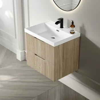 Crete Fluted Apex Oak Wall Hung Basin Drawer Vanity 600mm