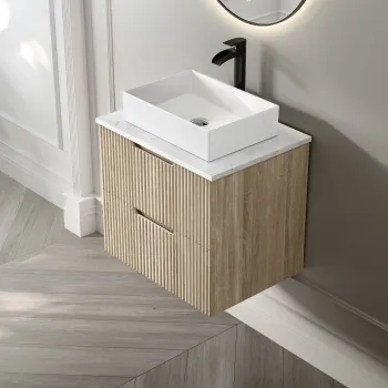 Crete Fluted Apex Oak Wall Hung Drawer Vanity with Marble Top & Cody Basin 600mm