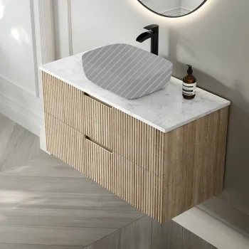 Crete Fluted Apex Oak Wall Hung Drawer Vanity with Marble Top 1000mm - Excludes Counter Top Basin