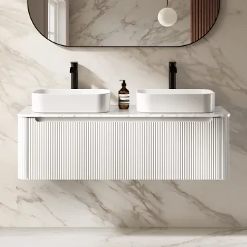 Sorrento Fluted Coastal White Double Wall Hung Drawer Vanity with Marble Top & Marin Basin 1200mm