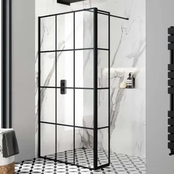 Munich Matt Black Grid 8mm Wet Room Shower Glass 900mm & 250mm Pivotal Return Panel