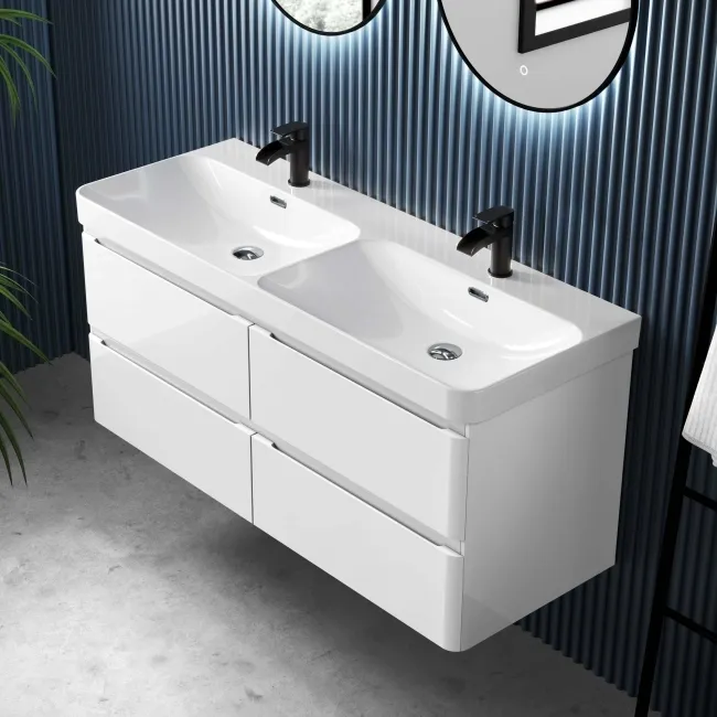 Corsica Gloss White Wall Hung Double Basin Drawer Vanity 1200mm