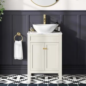 Bermuda Chalk White Vanity with Marble Top & Oval Counter Top Basin 600mm - Brushed Brass Accents