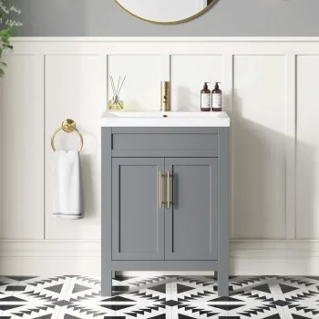 Bermuda Dove Grey Basin Vanity 600mm - Brass Knurled Handles