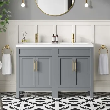 Bermuda Dove Grey Double Basin Vanity 1200mm - Brass Knurled Handles