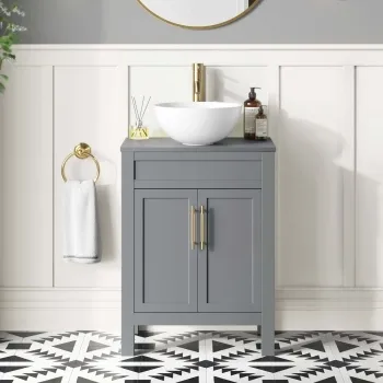 Bermuda Dove Grey Vanity with Round Counter Top Basin 600mm - Brass Knurled Handles
