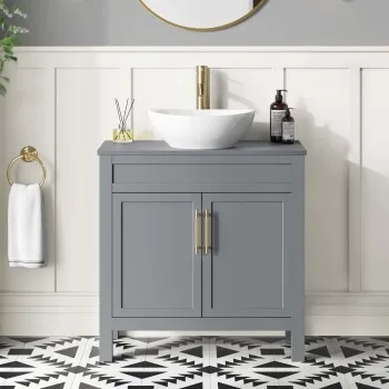Bermuda Dove Grey Vanity with Oval Counter Top Basin 800mm - Brass Knurled Handles