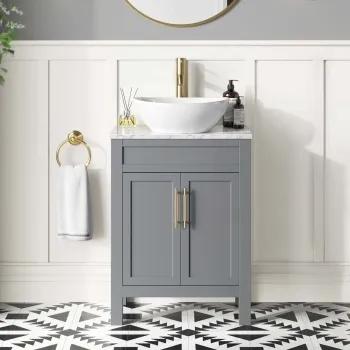 Bermuda Dove Grey Vanity with Marble Top & Oval Counter Top Basin 600mm - Brass Knurled Handles