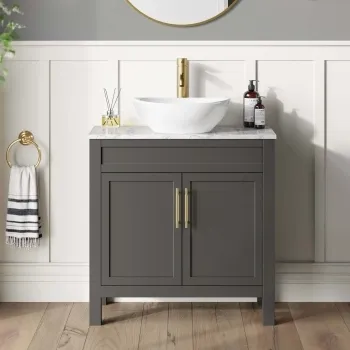 Bermuda Graphite Grey Vanity with Marble Top & Oval Counter Top Basin 800mm - Brass Knurled Handles