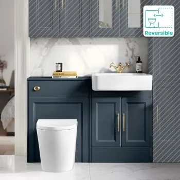 Monaco Inky Blue Combination Vanity Basin and Boston Toilet 1200mm - Brass Knurled Handles