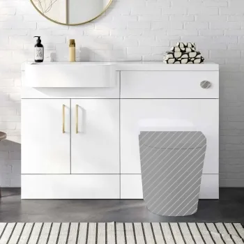 Harper Gloss White Basin Vanity and Back To Wall Toilet Unit 1200mm (Excludes Toilet) - Brushed Brass Accents - Left Handed