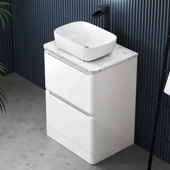 Corsica Gloss White Vanity Drawer with Marble Top & Curved Counter Top Basin 600mm