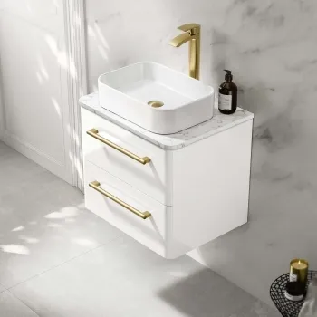Omaha Gloss White Wall Hung Drawer Vanity with Marble Top & Marin Basin 600mm - Brushed Brass Accents
