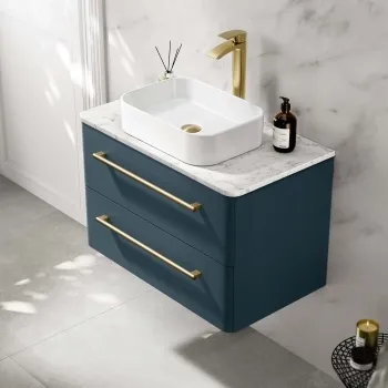 Omaha Navy Blue Wall Hung Drawer Vanity with Marble Top & Marin Basin 800mm - Brushed Brass Accents