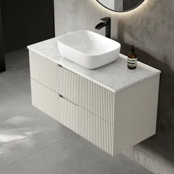 Crete Fluted Linen White Wall Hung Drawer Vanity with Marble Top & Curved Basin 1000mm