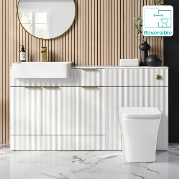 Sicily Fluted Coastal White Combination Vanity Basin with Marble Top & Houston Toilet 1500mm - Brushed Brass Accents