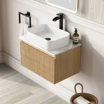 Malta Fluted Country Oak Wall Hung Drawer Vanity with Marble Top & Marin Basin 600mm
