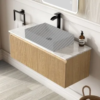 Malta Fluted Country Oak Wall Hung Drawer Vanity with Marble Top 1000mm - Excludes Counter Top Basin