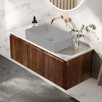 Malta Fluted Black Walnut Wall Hung Drawer Vanity with Marble Top 1000mm - Excludes Counter Top Basin