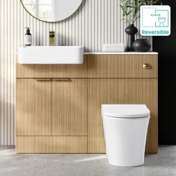 Sicily Fluted Country Oak Combination Vanity Basin with Marble Top & Tucson Toilet 1200mm - Brushed Brass Accents