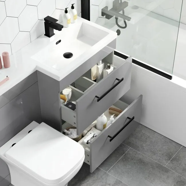 Avon Stone Grey Combination Basin Drawer and Atlanta Toilet 1100mm - Black Accents - Right Handed