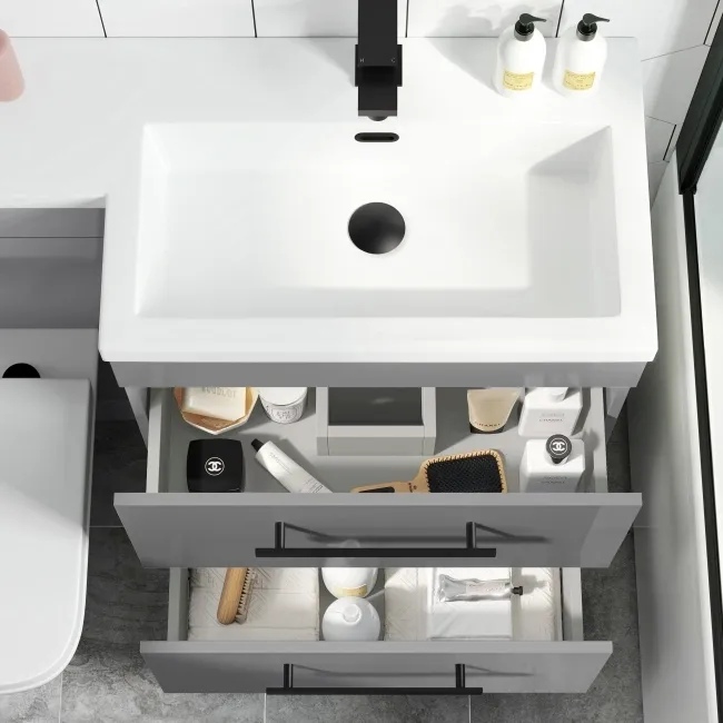 Avon Stone Grey Combination Basin Drawer and Atlanta Toilet 1100mm - Black Accents - Right Handed