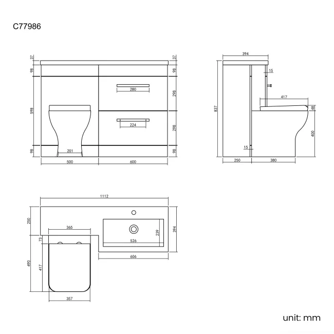 Avon Stone Grey Combination Basin Drawer and Atlanta Toilet 1100mm - Black Accents - Right Handed