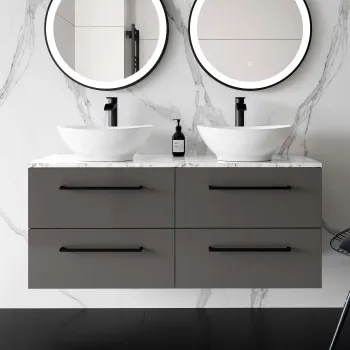 Elba Graphite Grey Double Wall Hung Drawer Vanity with Marble Top & Oval Counter Top Basin 1200mm - Black Accents
