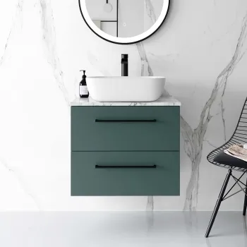 Elba Midnight Green Wall Hung Drawer Vanity with Marble Top & Curved Counter Top Basin 600mm - Black Accents