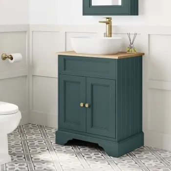 Lucia Midnight Green Vanity with Oak Effect Top & Curved Counter Top Basin 640mm - Brushed Brass Accents