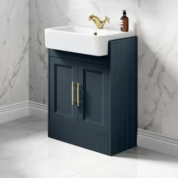 Monaco Inky Blue Basin Vanity 600mm - Brass Knurled Handles