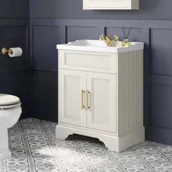 Lucia Chalk White Basin Vanity 630mm - Brass Knurled Handles